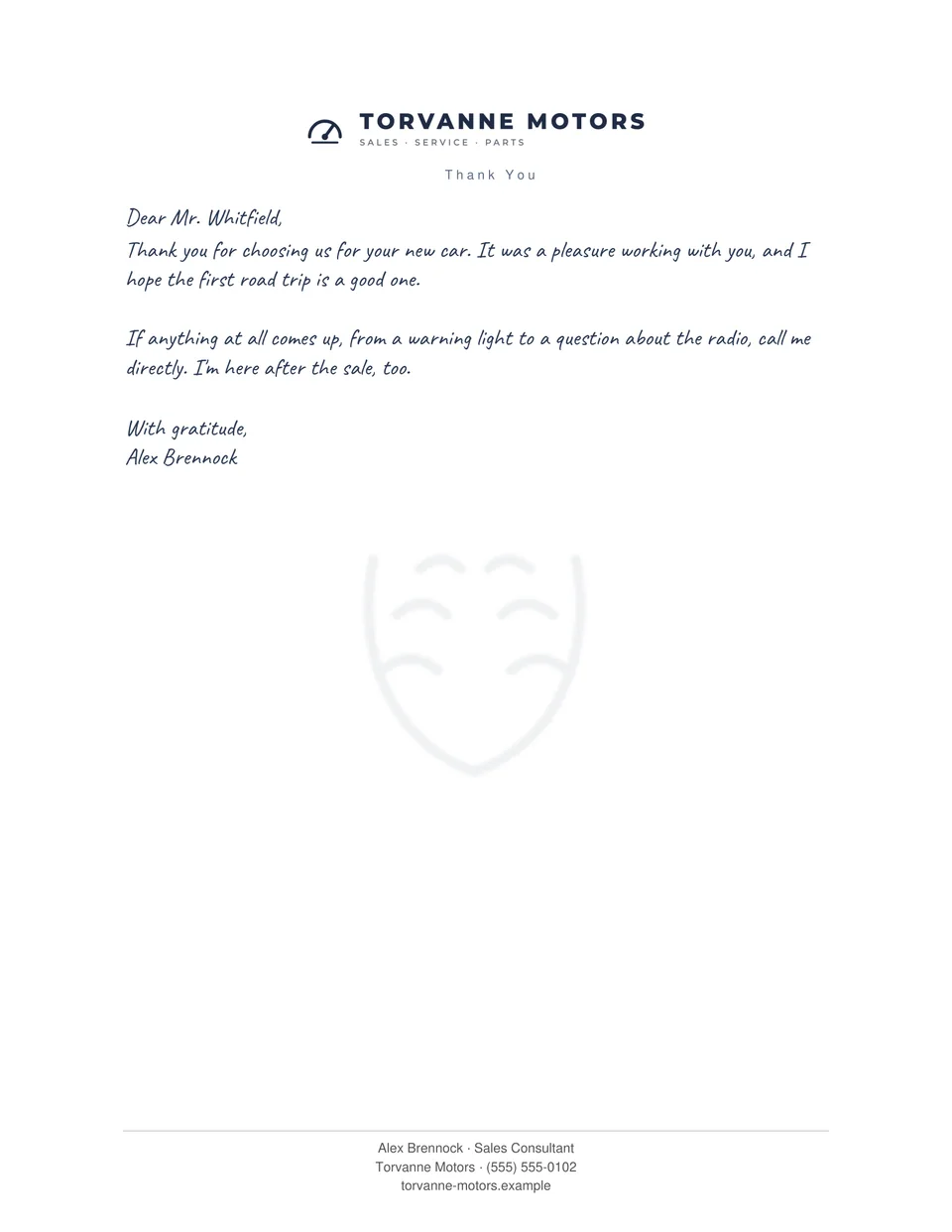 A real print render of a sample thank-you letter on Torvanne Motors letterhead: the logo at the top, a short letter to Mr. Whitfield in the Quick handwriting style, and three contact lines at the foot of the page.