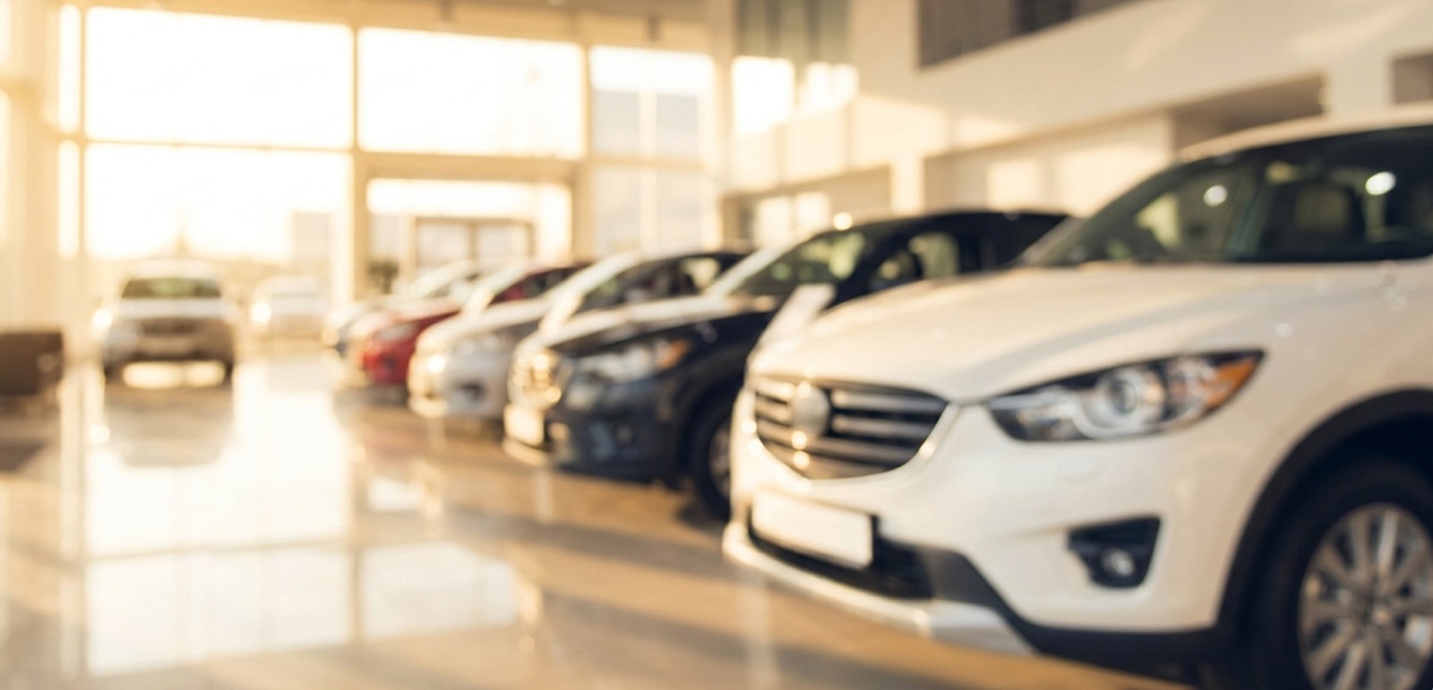New cars lined up in a sunlit dealership showroom.